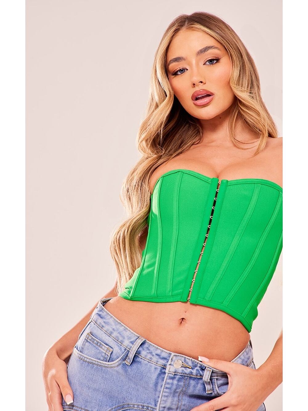 NWT PrettyLittleThing Green Hook & Eye Corset Top Size 4 Bandage Structured